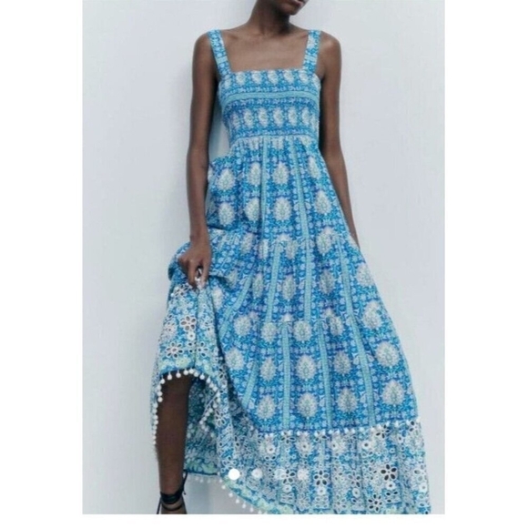 Zara Printed Embroidered Dress Ruffles Size XS - Picture 2 of 8